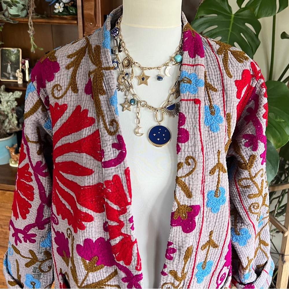 She’s1Oak Fine Kantha Suzani Embroidered Multicolor Short Jacket Kimono XS-L - Picture 4 of 16